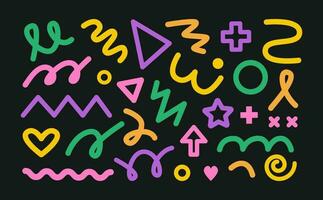 Colorful doodle and scribble shapes, strokes, lines. Modern abstract childish minimalist figures. Memphis and 90s inspired background. Retro nostalgia. vector