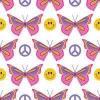 70s retro groovy hippie seamless pattern, Y2k, 1970 good vibes, trippy. Butterfly and smiles. Vector illustration.