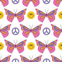 70s retro groovy hippie seamless pattern, Y2k, 1970 good vibes, trippy. Butterfly and smiles. Vector illustration.