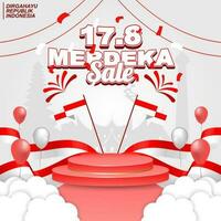 indonesia independence day sale banner and social media post, with empty podium and flag ornament, editable text with graphic style vector