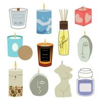 Various candles. Various shapes and sizes. A pillar, a candle in a jar, a square, a candle in a container. Decorative wax candles for relaxation and spa. vector