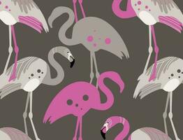 Beautiful seamless vector tropical pattern with pink flamingos on a gray background. Abstract summer texture