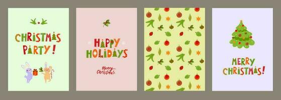 Set of Christmas cards with cute bunnies and Christmas tree.Seasonal greetings. Happy holidays, merry christmas and happy new year. Vector illustration in cartoon style.
