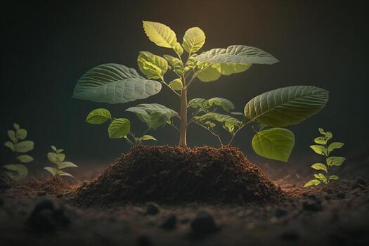 Plant growing in farm ground or forest with sunlight at daytime. Young plant is growing. World earth day. World environment day. Earth conservation, ecology or global warming by photo