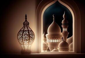 A windows depicts an islamic mosque at night with moon and lentern. In style of islamic city. Arched doorways. Eid al fitr background of window. Ramadan islamic lantern on a table by photo