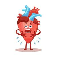 Cute cartoon character of unhealthy human heart. Human anatomy, medical concept. Illustration, icon, vector