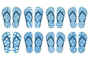 A set of colorful rubber flip flops. Illustration of summer shoes, top view of slippers. Pool shoes. Flat design. Icons, vector