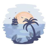 Seascape, sunset in the tropical sea with a frigate, a palm tree and seagulls on a watercolor background. Illustration, icon, vector
