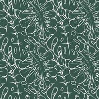 Seamless pattern, linear tropical monstera leaves on a green background. Print, background, textile, wallpaper, vector