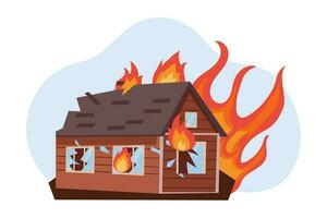 Destroyed house on fire, burning house on fire and smoke. Hurricane, tornado, earthquake. The concept of natural disasters. Illustration, vector