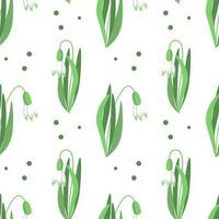 Seamless pattern, spring flowers of snowdrops on a light background. Print, floral background, textile, vector