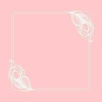White luxury frame with peacock bird feathers on a pink background. Design for invitations, cards, vector