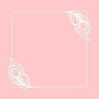 White luxury frame with peacock bird feathers on a pink background. Design for invitations, cards, vector