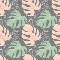 Seamless pattern with colored and outline tropical monstera leaves.Pastel colors. Print, textile, template, vector