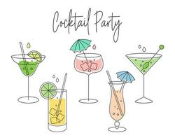 A set of linear drawings of refreshing fruit cocktails with different drinks, ice cubes, straws and umbrellas. Drinks icons, cafe menu, vector