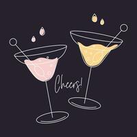 Two martini cocktails with olives and the word Cheers. Drink icon, holiday illustration, vector