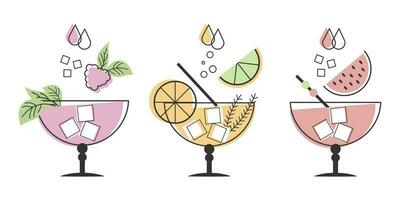 un conjunto de lineal dibujos de refrescante Fruta cócteles con diferente bebidas, hielo cubitos, pajitas y paraguas bebidas iconos, café menú, vector