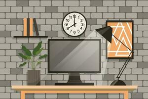 Home office concept, workspace. Computer monitor, table lamp, indoor plants on the table, world map and wall posters. Background, vector