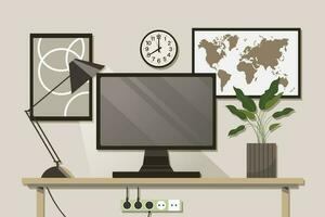 Home office concept, workspace. Computer monitor, table lamp, indoor plants on the table, world map and wall posters. Background, vector