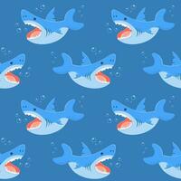 Seamless pattern, funny sharks with bubbles on a blue background. Sea water background, print, textile, wallpaper, vector