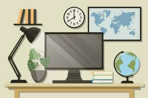 Home office concept, workspace. Computer monitor, table lamp, indoor plants on the table, world map and wall posters. Background, vector