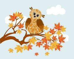 Cute cartoon owl on a tree branch with autumn leaves. Baby illustration, vector