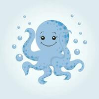 Blue cute cartoon character baby octopus. Children's card, print, vector