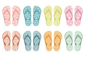 A set of colorful rubber flip flops in different colors. Illustration of summer shoes, top view of slippers. Pool shoes. Flat design. Icons, vector