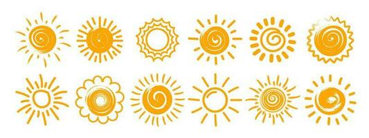 Cute sun doodle collection. Set of icons in hand drawn style. Sun icons isolated on white. Vector