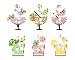 un conjunto de lineal dibujos de refrescante Fruta cócteles con diferente bebidas, hielo cubitos, pajitas y paraguas bebidas iconos, café menú, vector