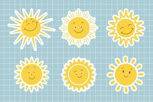 Set of cute cartoon character suns. Children's sunny emoticon collection on a checkered background. Design elements, stickers, print vector