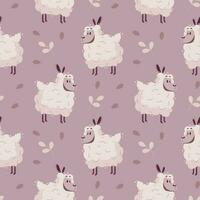 Seamless pattern, cute pink sheep with hearts on a light background. Cartoon illustration in flat style, children's print, vector