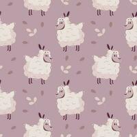 Seamless pattern, cute pink sheep with hearts on a light background. Cartoon illustration in flat style, children's print, vector