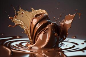 A delicious melting chocolate splash in a realistic style. Hot chocolate, cacao or coffee splash. Tasty chocolate liquid splash. Chocolate sauce crown splash. For chocolate day dessert by AI generated photo