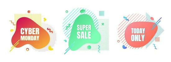 3 modern liquid abstract special offer price sign CYBER MONDAY, SUPER SALE, TODAY ONLY text gradient flat style design fluid vector colorful vector illustration banner simple shape advertising.