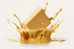 A delicious melting cheese splash in a realistic style. Hot cheese or cheddar splash. Tasty cheese liquid splash. Cheese sauce crown splash. For italian food, world cheese day, dessert by AI Generated photo