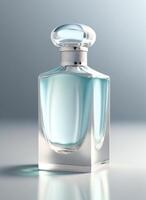 un alto clase botella de vaso perfume con ligero azul líquido. aromático perfume botellas en blanco antecedentes. belleza producto, cosmético, perfume día, fragancia día o perfume lanzamiento evento por ai generado foto