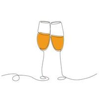 Two glasses of champagne. Vector illustration.Continuous line drawing. Minimalist black linear sketch. Isolated on white background.