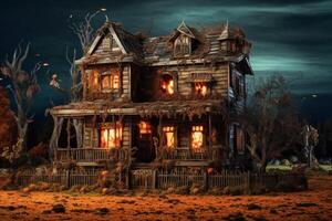 Haunted house on halloween celebration concept. Spooky house halloween background with deserted building and pumpkin. Scary house with creepy building at night by photo