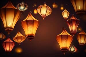 Happy diwali or deepavali traditional indian festival with lamp or sky lantern. Indian hindu festival of light with lamp or light. Night sky floating lanterns during diwali celebration by photo