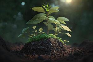 planta creciente en granja suelo o bosque con luz de sol a tiempo de día. joven planta es creciente. mundo tierra día. mundo ambiente día. tierra conservación, ecología o global calentamiento por ai generado foto