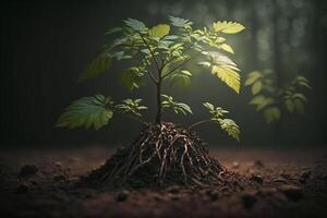 planta creciente en granja suelo o bosque con luz de sol a tiempo de día. joven planta es creciente. mundo tierra día. mundo ambiente día. tierra conservación, ecología o global calentamiento por ai generado foto