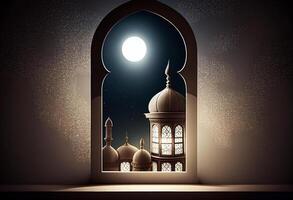 un ventanas representa un islámico mezquita a noche con Luna y cuartel en estilo de islámico ciudad. arqueado puertas eid Alabama fitr antecedentes de ventana. Ramadán islámico linterna en un mesa por ai generado foto