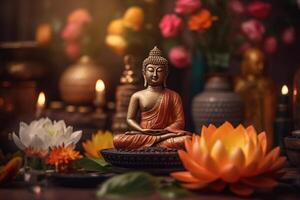 A buddha sits in a garden with a lotus and candles. Background for vesak festival celebration. Vesak day concept. Vesak celebration day greetings by photo