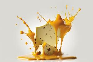 A delicious melting cheese splash in a realistic style. Hot cheese or cheddar splash. Tasty cheese liquid splash. Cheese sauce crown splash. For italian food, world cheese day, dessert by photo