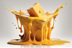 A delicious melting cheese splash in a realistic style. Hot cheese or cheddar splash. Tasty cheese liquid splash. Cheese sauce crown splash. For italian food, world cheese day, dessert by photo