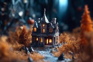 Haunted house on halloween celebration concept. Spooky house halloween background with deserted building and pumpkin. Scary house with creepy building at night by photo