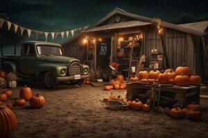 Haunted house on halloween celebration concept. Spooky house halloween background with deserted building and pumpkin. Scary house with creepy building at night by photo