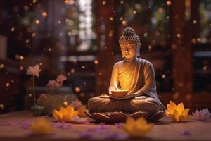 A buddha sits in a garden with a lotus and candles. Background for vesak festival celebration. Vesak day concept. Vesak celebration day greetings by photo