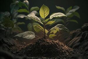 planta creciente en granja suelo o bosque con luz de sol a tiempo de día. joven planta es creciente. mundo tierra día. mundo ambiente día. tierra conservación, ecología o global calentamiento por ai generado foto